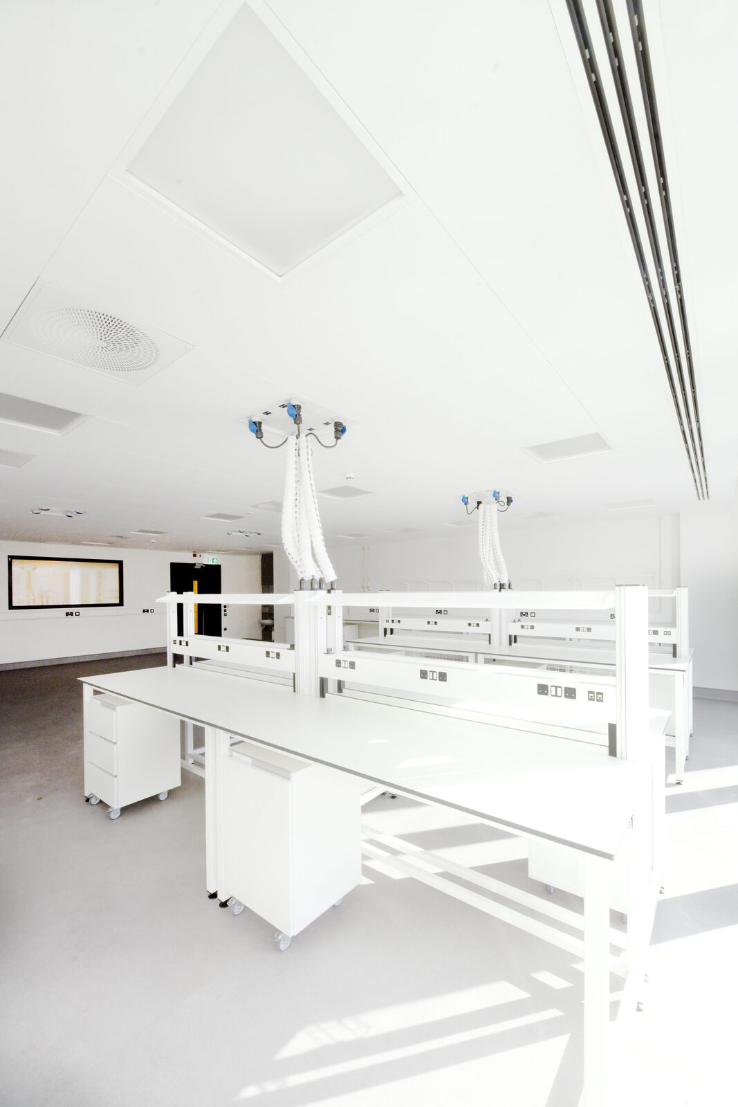 Fitted lab benches and overhead services at Oxford North