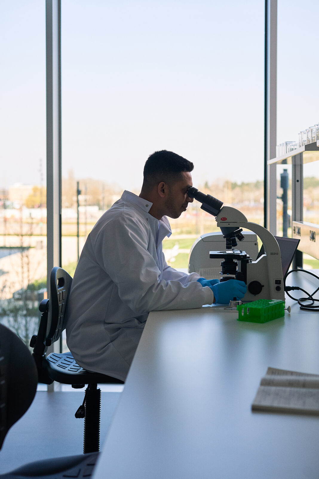 A researcher at a microscope beside the lab windows